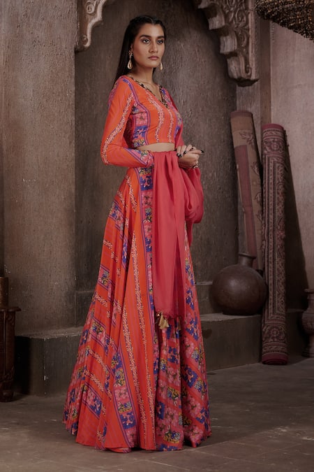 Affroz_Coral Viscose Crepe Printed V Neck Hand Embroidered Flared Lehenga Set _Online_at_Aza_Fashions