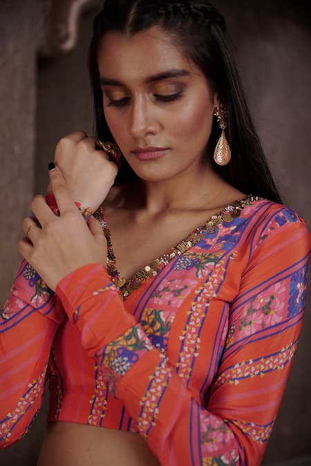 Shop_Affroz_Coral Viscose Crepe Printed V Neck Hand Embroidered Flared Lehenga Set _Online_at_Aza_Fashions