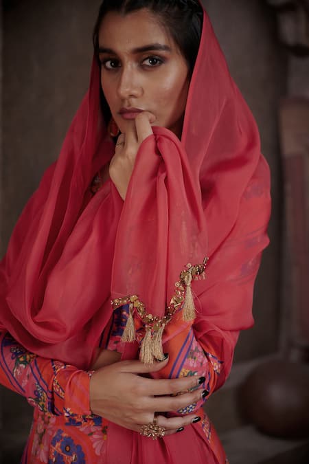 Affroz_Coral Viscose Crepe Printed V Neck Hand Embroidered Flared Lehenga Set _at_Aza_Fashions