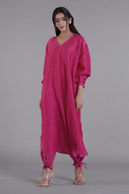 Affroz Pink Linen V Neck Oversized Kurta And Pant Set Online at Aza Fashions Affroz_Pink Linen V Neck Oversized Kurta And Pant Set _Online_at_Aza_Fashions
