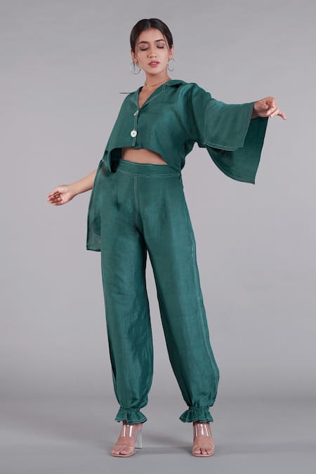 Affroz_Green Linen Shirt Collar Crop Top And Joggers Set _Online_at_Aza_Fashions