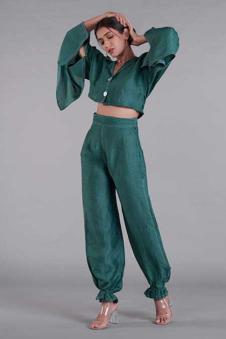 Buy_Affroz_Green Linen Shirt Collar Crop Top And Joggers Set _Online_at_Aza_Fashions