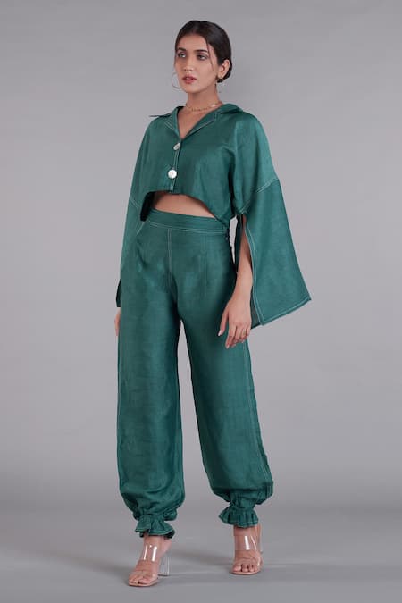 Shop_Affroz_Green Linen Shirt Collar Crop Top And Joggers Set _Online_at_Aza_Fashions