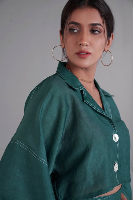 Affroz_Green Linen Shirt Collar Crop Top And Joggers Set _at_Aza_Fashions