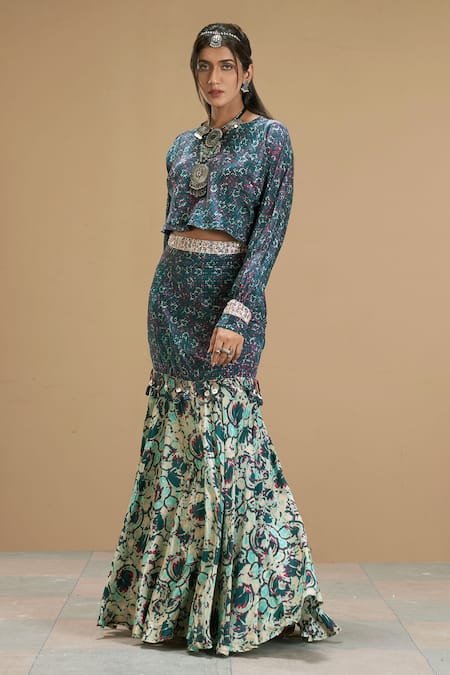Affroz_Green Viscose Crepe Abstract Round Taabir Print Top With Mermaid Tail Skirt _Online_at_Aza_Fashions