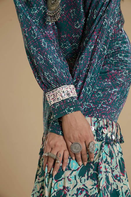 Shop_Affroz_Green Viscose Crepe Abstract Round Taabir Print Top With Mermaid Tail Skirt _Online_at_Aza_Fashions