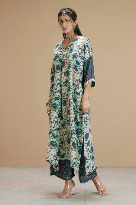 Affroz Beige Viscose Crepe Floral Abstract V Neck Print Kurta And Palazzo Set Online at Aza Fashions Affroz_Beige Viscose Crepe Floral Abstract V Neck Print Kurta And Palazzo Set _Online_at_Aza_Fashions