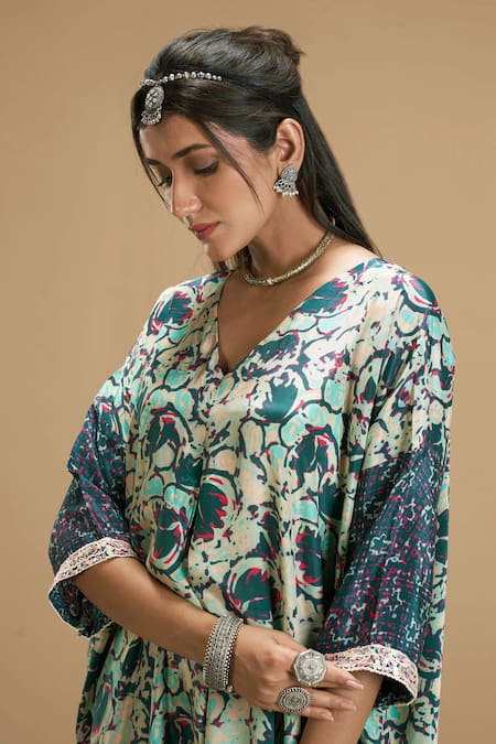 Shop Affroz Beige Viscose Crepe Floral Abstract V Neck Print Kurta And Palazzo Set Online at Aza Fashions Shop_Affroz_Beige Viscose Crepe Floral Abstract V Neck Print Kurta And Palazzo Set _Online_at_Aza_Fashions
