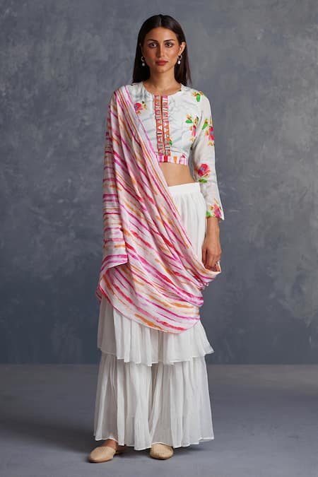 Affroz_White Viscose Beads, Tassels Round Neck Layered Palazzo Saree With Blouse _Online_at_Aza_Fashions