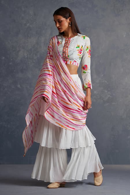 Buy_Affroz_White Viscose Beads, Tassels Round Neck Layered Palazzo Saree With Blouse _Online_at_Aza_Fashions