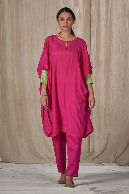 Affroz_Pink Muslin, Silk Embroidery Keyhole Neck Kimono Kurta With Pant _Online_at_Aza_Fashions