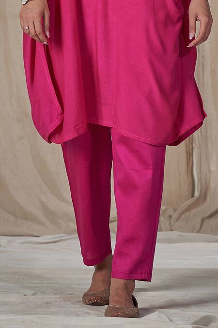 Affroz_Pink Muslin, Silk Embroidery Keyhole Neck Kimono Kurta With Pant _at_Aza_Fashions