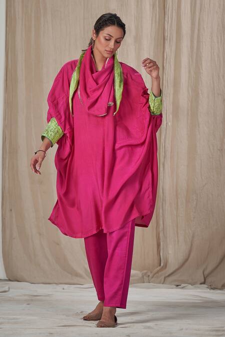 Buy_Affroz_Pink Muslin, Silk Embroidery Keyhole Neck Kimono Kurta With Pant _Online_at_Aza_Fashions