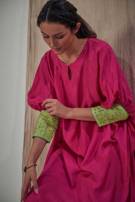 Shop_Affroz_Pink Muslin, Silk Embroidery Keyhole Neck Kimono Kurta With Pant _Online_at_Aza_Fashions