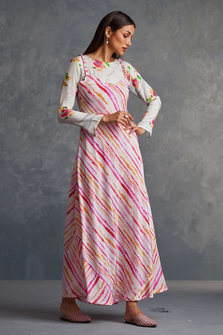 Buy Affroz White Viscose, Crepe Embroidery V-neck Striped Dress With Cape Online at Aza Fashions Buy_Affroz_White Viscose, Crepe Embroidery V-neck Striped Dress With Cape _Online_at_Aza_Fashions