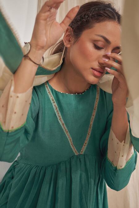 Buy Affroz Blue Muslin, Silk Lace, Zari Round Neck Empire Waist Gathered Kurta Set Online at Aza Fashions Buy_Affroz_Blue Muslin, Silk Lace, Zari Round Neck Empire Waist Gathered Kurta Set _Online_at_Aza_Fashions