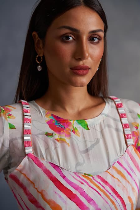 Shop Affroz White Viscose, Crepe Embroidery V-neck Striped Dress With Cape Online at Aza Fashions Shop_Affroz_White Viscose, Crepe Embroidery V-neck Striped Dress With Cape _Online_at_Aza_Fashions