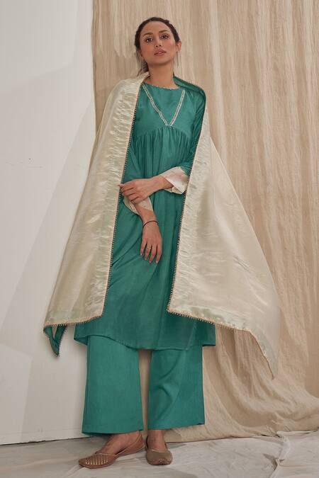 Shop Affroz Blue Muslin, Silk Lace, Zari Round Neck Empire Waist Gathered Kurta Set Online at Aza Fashions Shop_Affroz_Blue Muslin, Silk Lace, Zari Round Neck Empire Waist Gathered Kurta Set _Online_at_Aza_Fashions