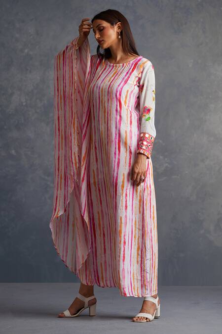 Affroz White Viscose, Crepe Embroidery Round Neck Striped Asymmetrical Dress Online at Aza Fashions Affroz_White Viscose, Crepe Embroidery Round Neck Striped Asymmetrical Dress _Online_at_Aza_Fashions