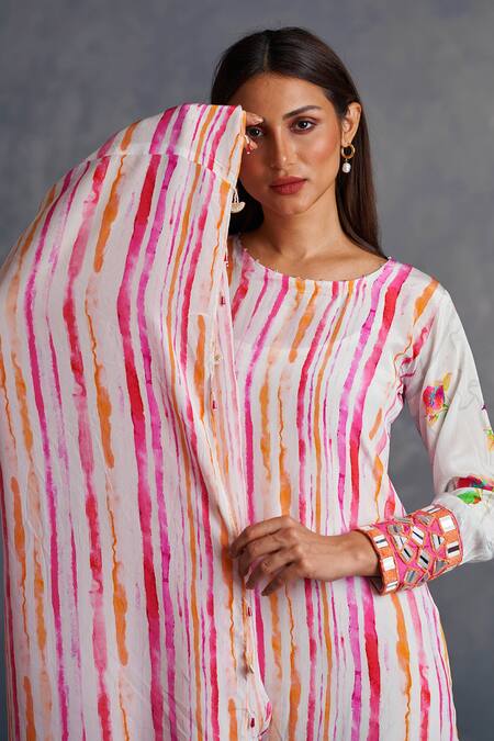 Shop Affroz White Viscose, Crepe Embroidery Round Neck Striped Asymmetrical Dress Online at Aza Fashions Shop_Affroz_White Viscose, Crepe Embroidery Round Neck Striped Asymmetrical Dress _Online_at_Aza_Fashions