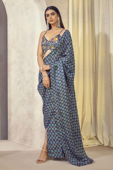 Affroz_Blue Russian Silk Glass Beads, Sequins, Printed Pre-draped Saree With Blouse _Online_at_Aza_Fashions