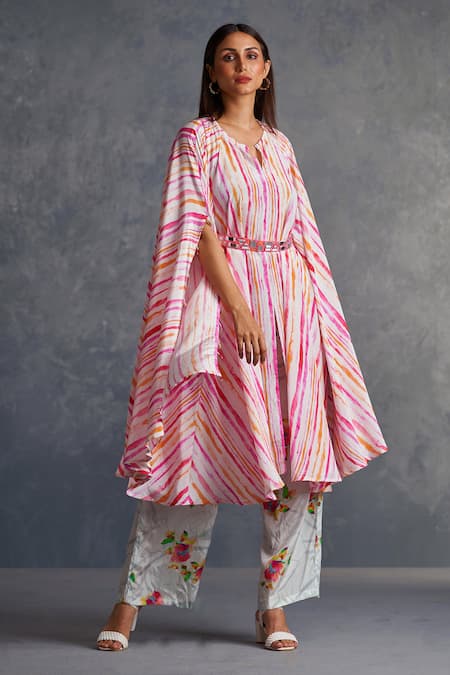 Affroz_White Viscose Embroidery, Mirrors Round Neck Printed Flared Kurta And Palazzo Set _Online_at_Aza_Fashions