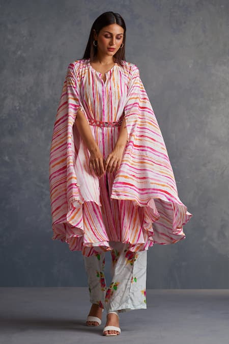 Buy_Affroz_White Viscose Embroidery, Mirrors Round Neck Printed Flared Kurta And Palazzo Set _Online_at_Aza_Fashions