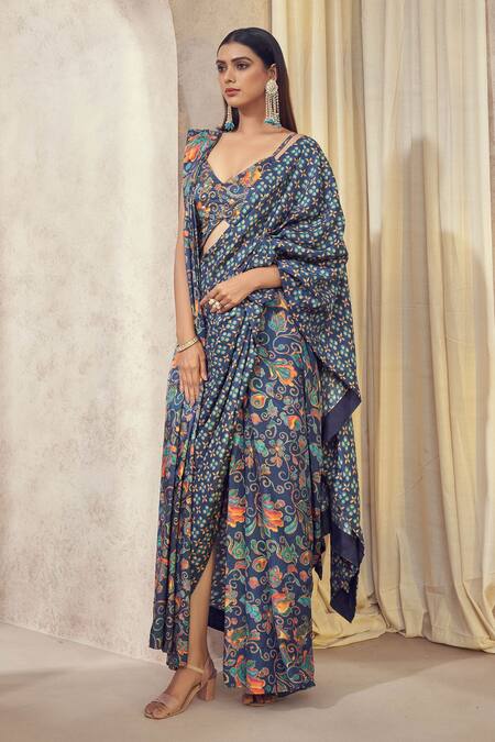 Shop_Affroz_Blue Russian Silk Floral V Neck Maaya Pre-draped Print Saree With Blouse _Online_at_Aza_Fashions
