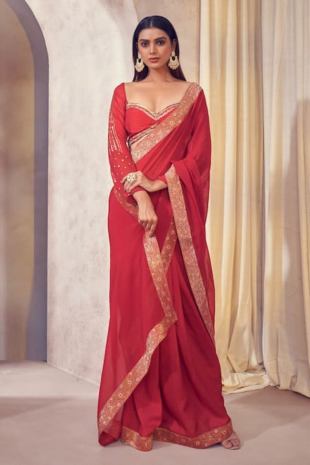 Affroz_Red Organza Floral, Sequins Rang Jacquard Lace Border Saree With Blouse _at_Aza_Fashions