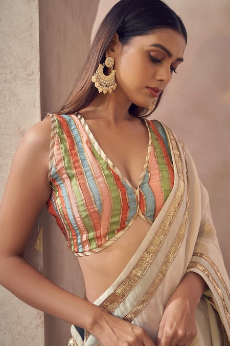 Red Sabyasachi Deep V Neck Blouse Designer Beautiful Lace Saree