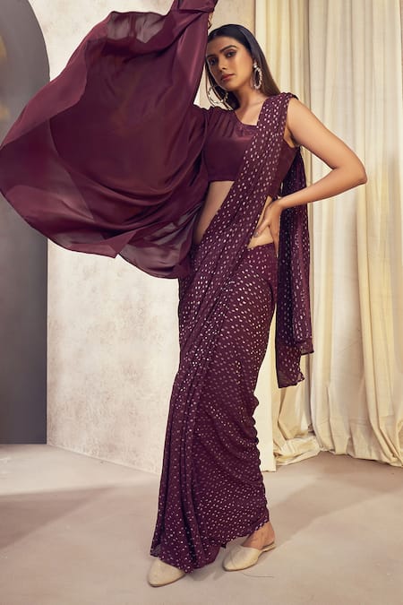 Affroz_Purple Georgette Jacquard Geometric Asymmetric Pattern Saree With Cape Blouse _Online_at_Aza_Fashions
