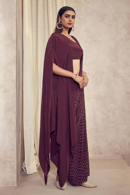 Buy_Affroz_Purple Georgette Jacquard Geometric Asymmetric Pattern Saree With Cape Blouse _Online_at_Aza_Fashions