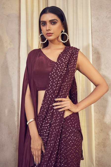 Shop_Affroz_Purple Georgette Jacquard Geometric Asymmetric Pattern Saree With Cape Blouse _Online_at_Aza_Fashions