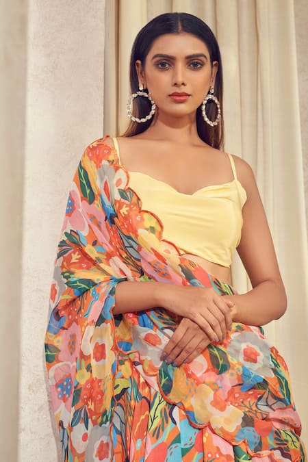 Shop_Affroz_Orange Russian Silk Floral Cowl Neck Abstract Print Lehenga Saree With Top _Online_at_Aza_Fashions