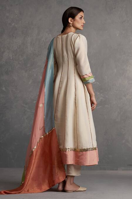 Affroz_Ivory Tissue Silk Gota Patti V Neck Leaf Lace Anarkali Set _Online_at_Aza_Fashions