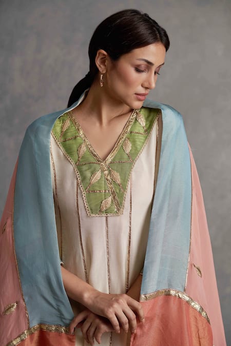 Shop_Affroz_Ivory Tissue Silk Gota Patti V Neck Leaf Lace Anarkali Set _Online_at_Aza_Fashions