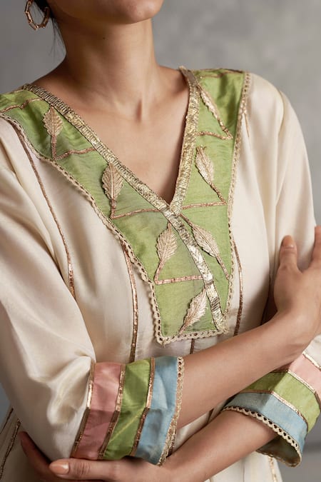 Affroz_Ivory Tissue Silk Gota Patti V Neck Leaf Lace Anarkali Set _at_Aza_Fashions