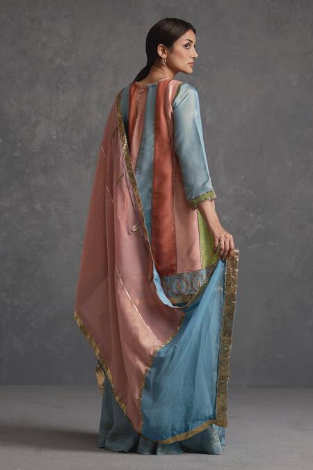 Affroz Multi Color Tissue Silk Gota Patti Round Neck Blocked Lace Short Anarkali Set Online at Aza Fashions Affroz_Multi Color Tissue Silk Gota Patti Round Neck Blocked Lace Short Anarkali Set _Online_at_Aza_Fashions