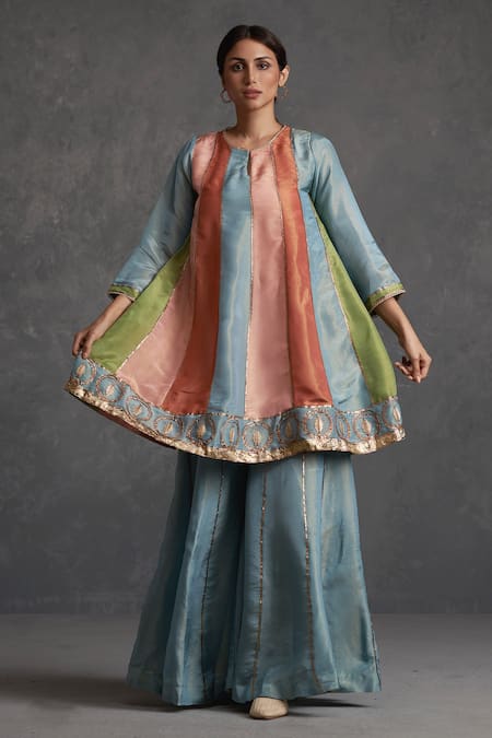 Buy Affroz Multi Color Tissue Silk Gota Patti Round Neck Blocked Lace Short Anarkali Set Online at Aza Fashions Buy_Affroz_Multi Color Tissue Silk Gota Patti Round Neck Blocked Lace Short Anarkali Set _Online_at_Aza_Fashions