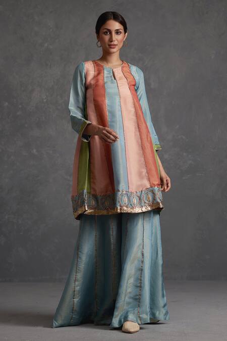 Shop Affroz Multi Color Tissue Silk Gota Patti Round Neck Blocked Lace Short Anarkali Set Online at Aza Fashions Shop_Affroz_Multi Color Tissue Silk Gota Patti Round Neck Blocked Lace Short Anarkali Set _Online_at_Aza_Fashions