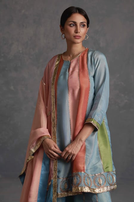 Affroz Multi Color Tissue Silk Gota Patti Round Neck Blocked Lace Short Anarkali Set at Aza Fashions Affroz_Multi Color Tissue Silk Gota Patti Round Neck Blocked Lace Short Anarkali Set _at_Aza_Fashions