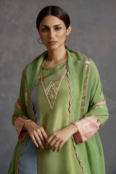 Buy Affroz Green Tissue Silk Gota Patti Round Neck Two Toned Lace Kurta Set Online at Aza Fashions Buy_Affroz_Green Tissue Silk Gota Patti Round Neck Two Toned Lace Kurta Set _Online_at_Aza_Fashions