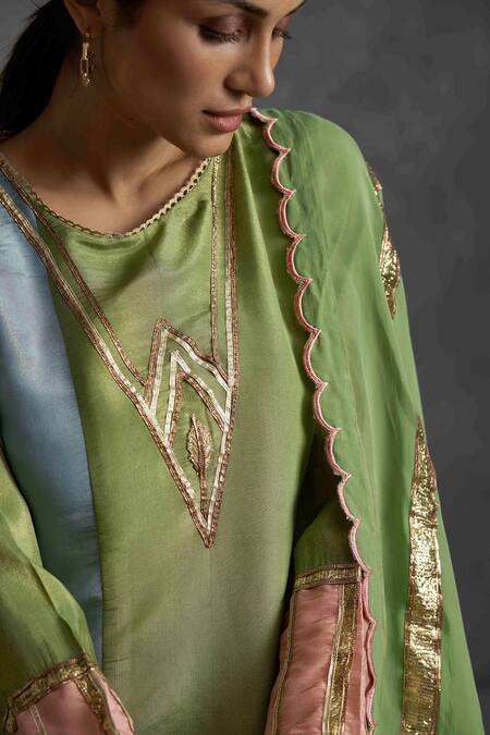 Shop Affroz Green Tissue Silk Gota Patti Round Neck Two Toned Lace Kurta Set Online at Aza Fashions Shop_Affroz_Green Tissue Silk Gota Patti Round Neck Two Toned Lace Kurta Set _Online_at_Aza_Fashions