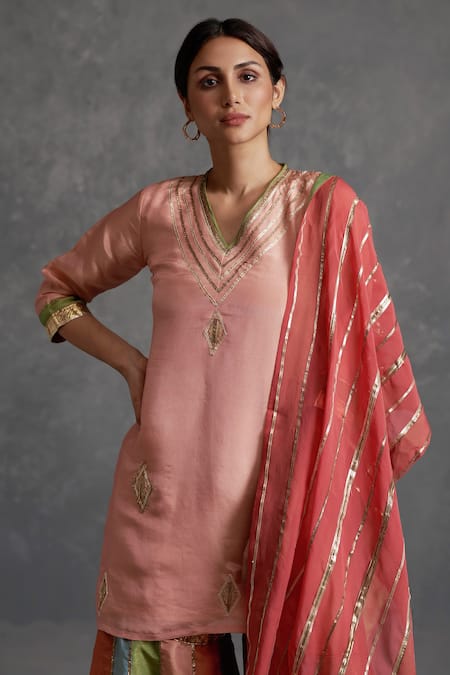 Affroz Pink Tissue Silk Gota Patti V Neck Lace Kurta Sharara Set Online at Aza Fashions Affroz_Pink Tissue Silk Gota Patti V Neck Lace Kurta Sharara Set _Online_at_Aza_Fashions