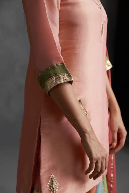 Shop Affroz Pink Tissue Silk Gota Patti V Neck Lace Kurta Sharara Set Online at Aza Fashions Shop_Affroz_Pink Tissue Silk Gota Patti V Neck Lace Kurta Sharara Set _Online_at_Aza_Fashions