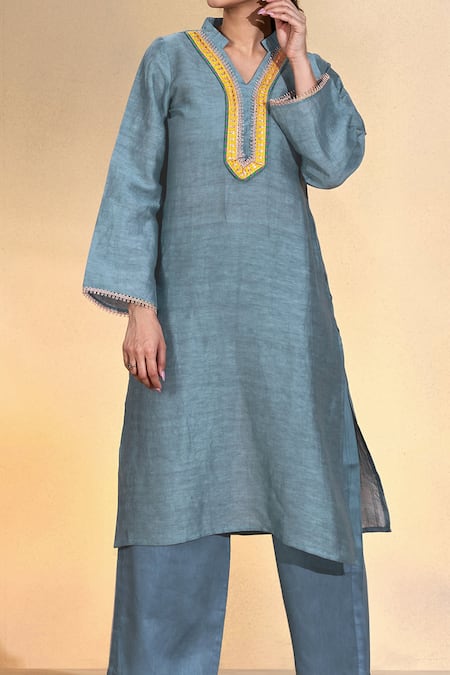 Shop Affroz Grey Viscose, Linen Lace Mandarin Collar Kurta With Pant Online at Aza Fashions Shop_Affroz_Grey Viscose, Linen Lace Mandarin Collar Kurta With Pant_Online_at_Aza_Fashions