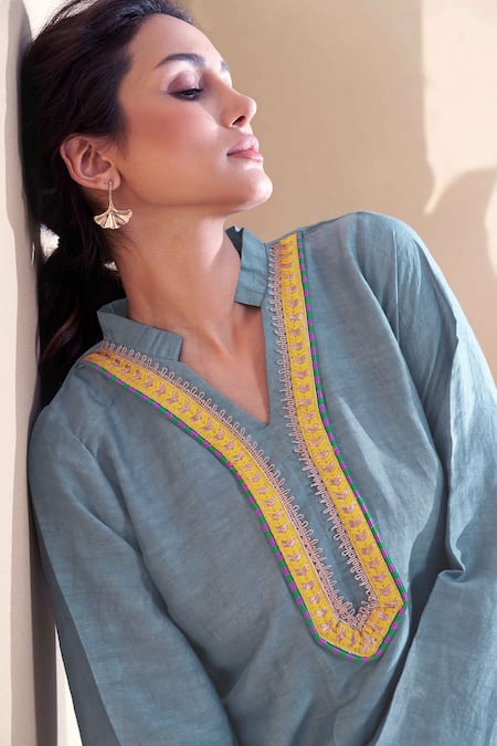 Affroz Grey Viscose, Linen Lace Mandarin Collar Kurta With Pant at Aza Fashions Affroz_Grey Viscose, Linen Lace Mandarin Collar Kurta With Pant_at_Aza_Fashions