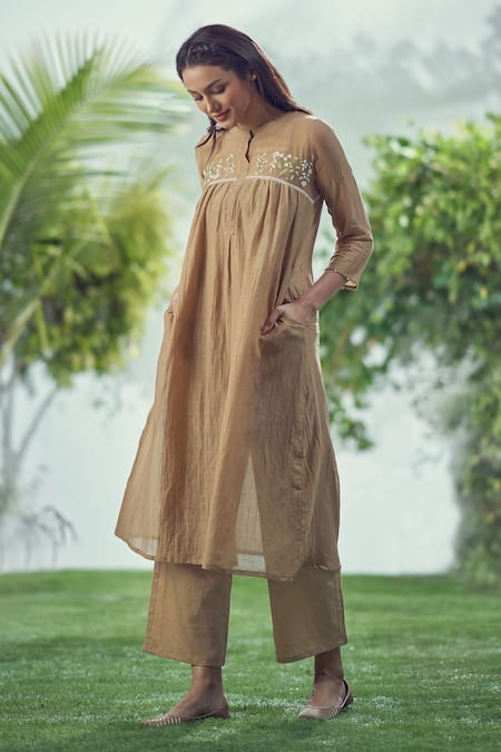 Affroz_Brown Mal Cotton Embroidered Floral Mandarin Collar Yoke Gathered Kurta Set _Online_at_Aza_Fashions