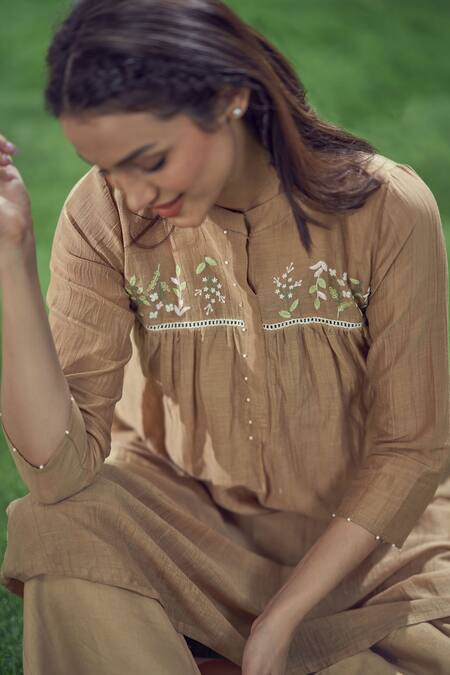 Shop_Affroz_Brown Mal Cotton Embroidered Floral Mandarin Collar Yoke Gathered Kurta Set _Online_at_Aza_Fashions