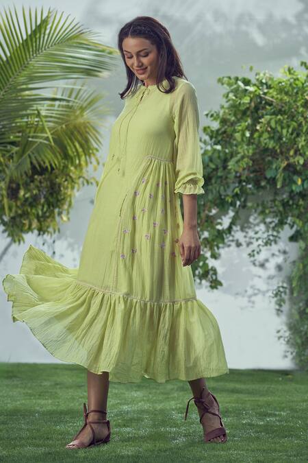 Affroz_Green Cotton Embroidery Keyhole Neck Side Gathered Midi Dress _Online_at_Aza_Fashions